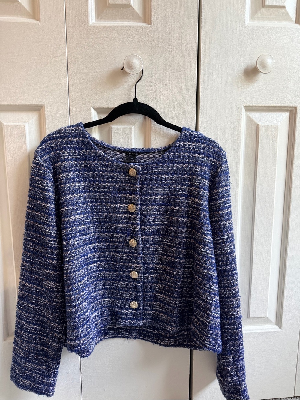 Ann Taylor Blue Bouclé Button-Front Cardigan
